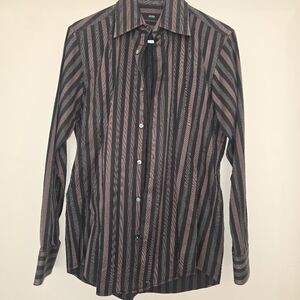 Hugo Boss Shirt Mens 15 32/33 Black Brown Striped Button Up Long Sleeve Dress